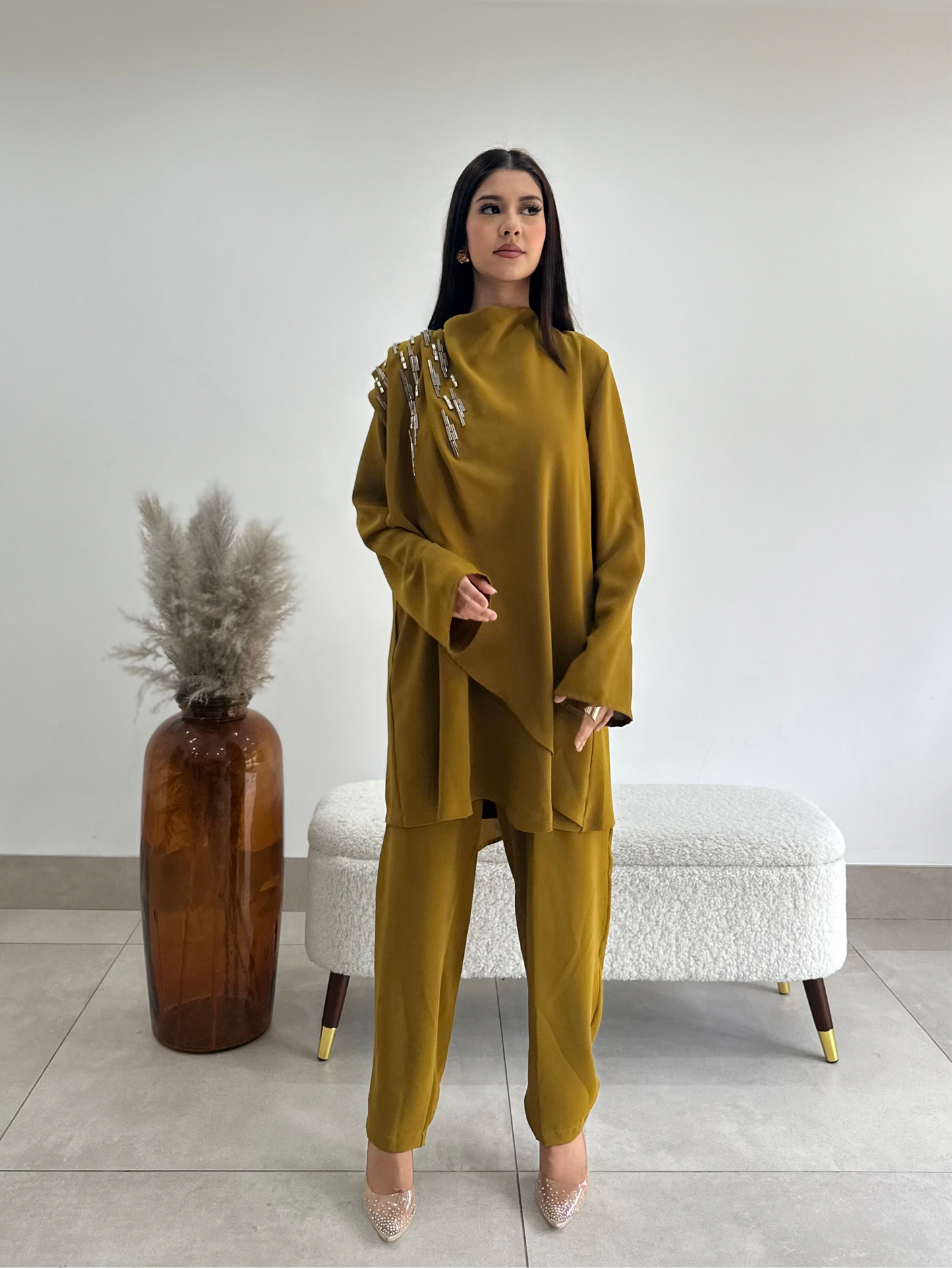 Mustard Embellished Two Piece Set