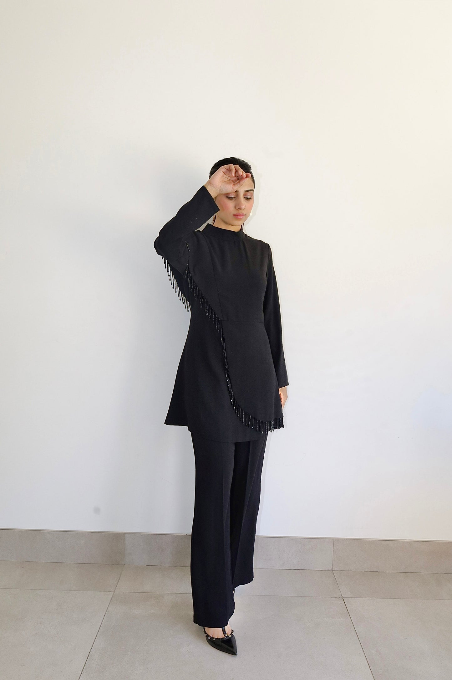 Black Fringe Tunic Two Piece Set