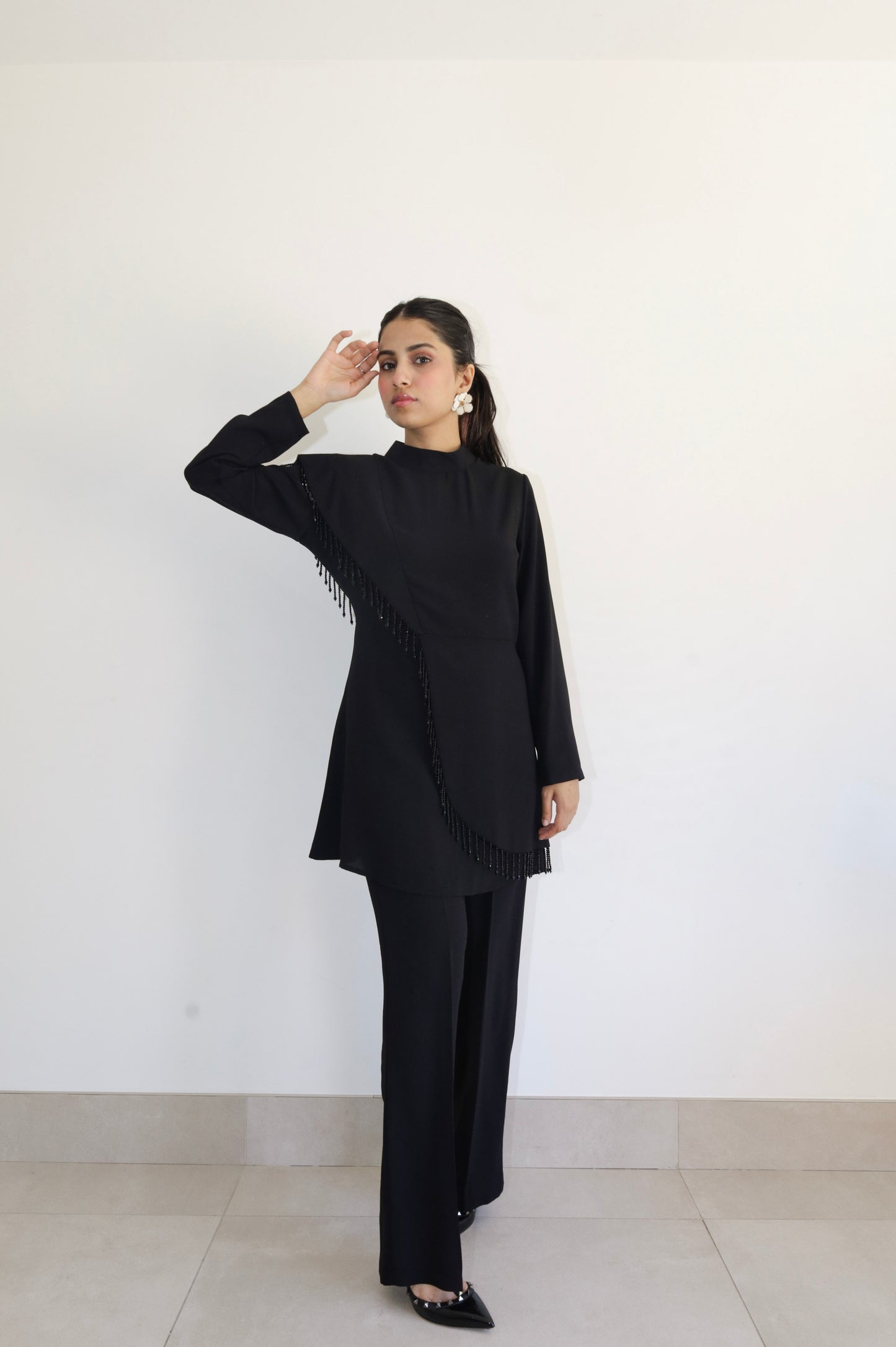 Black Fringe Tunic Two Piece Set