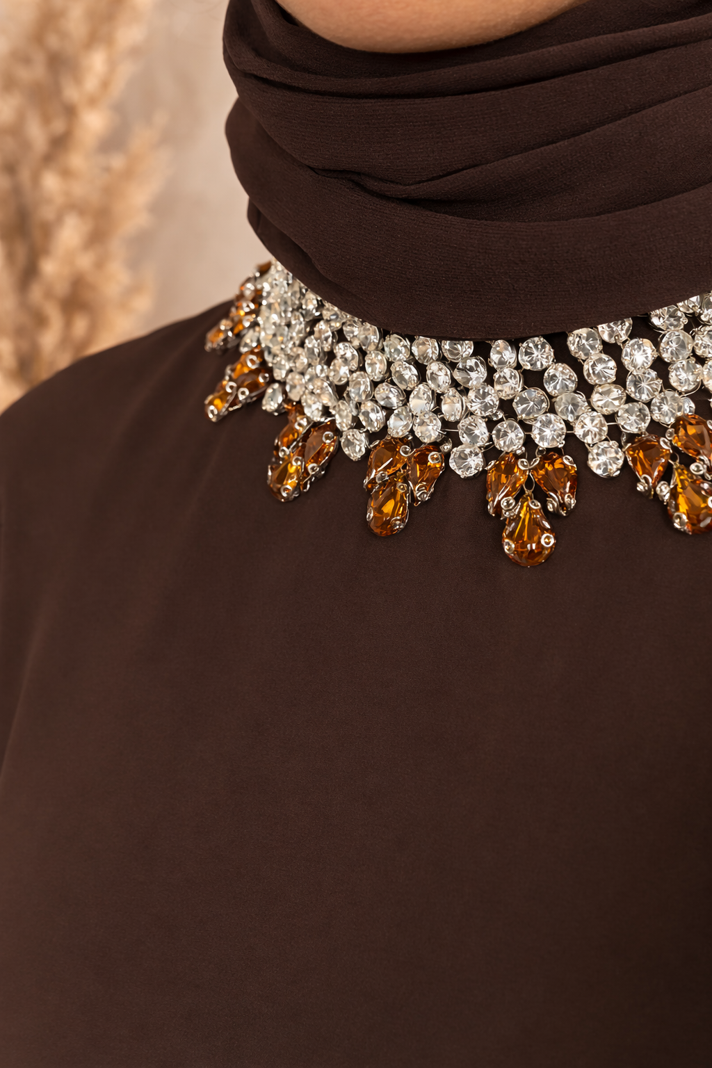Brown Embellished Dress with frill detailing