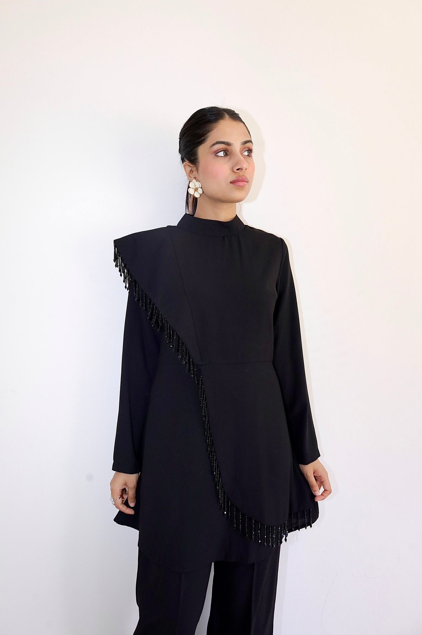 Black Fringe Tunic Two Piece Set
