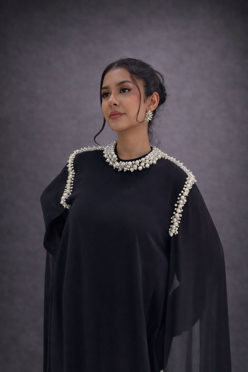 Elegant black pearl abaya dress