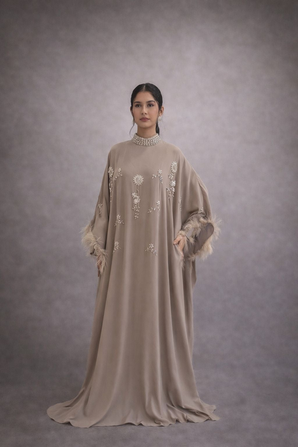 Feather embellished kimono dress