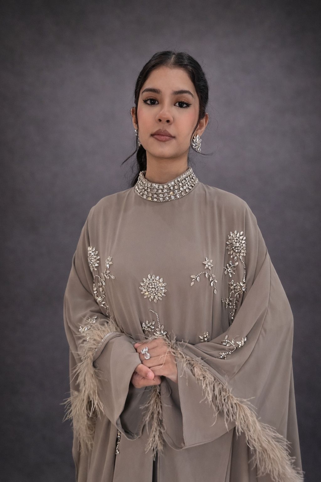 Feather embellished kimono dress