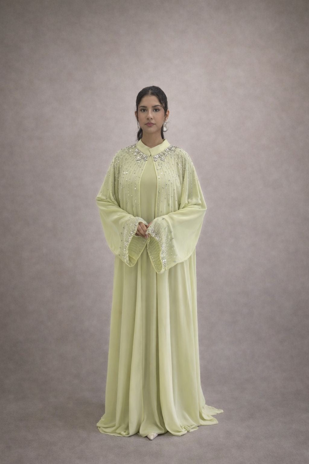 Pastel green flowy abaya dress