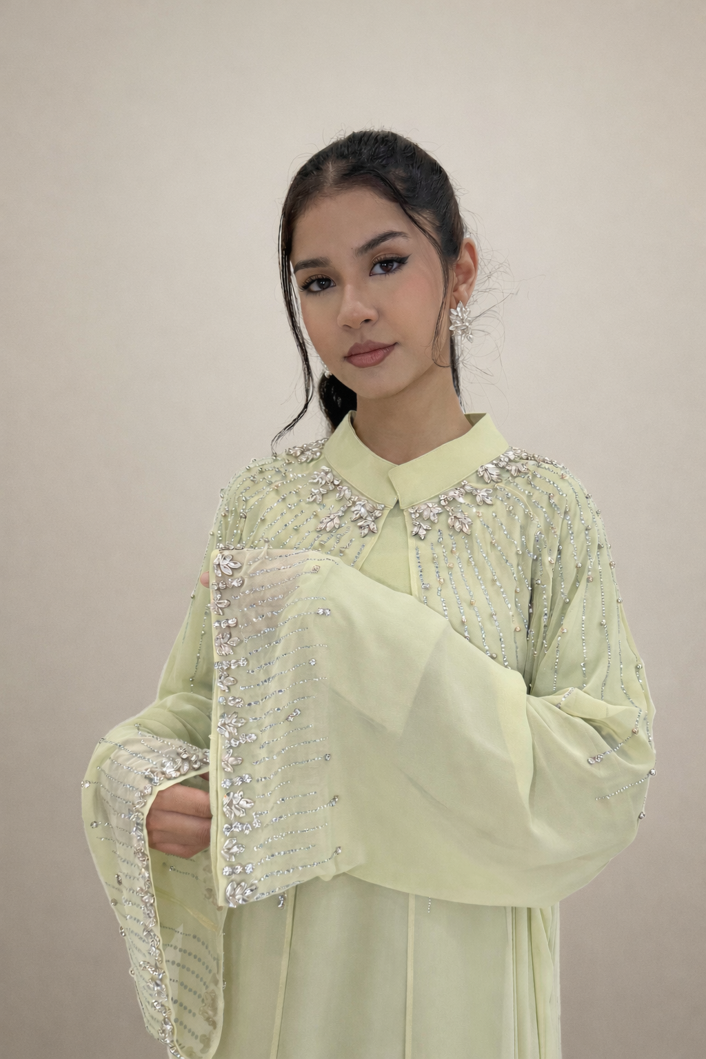 Pastel green flowy abaya dress