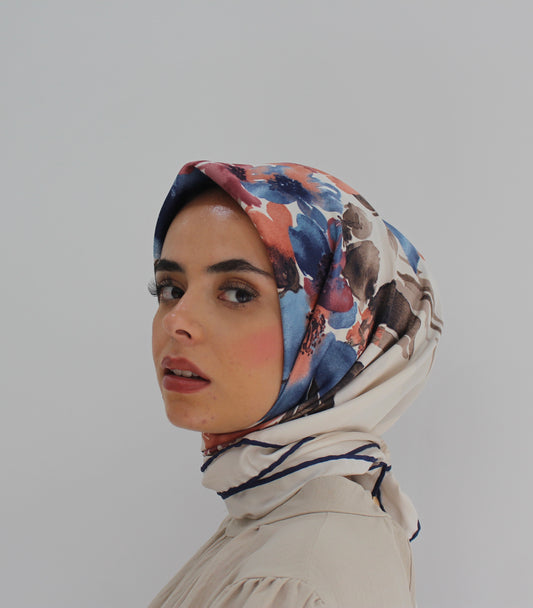 Patterned Sqaure Hijab | Floral Royal Blue